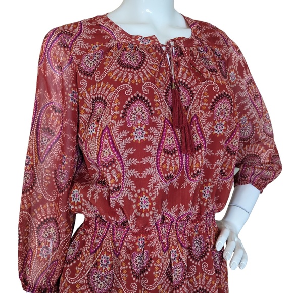 Rust Orange Red Floral Paisley Boho Tassel Short Dress - Picture 4 of 14